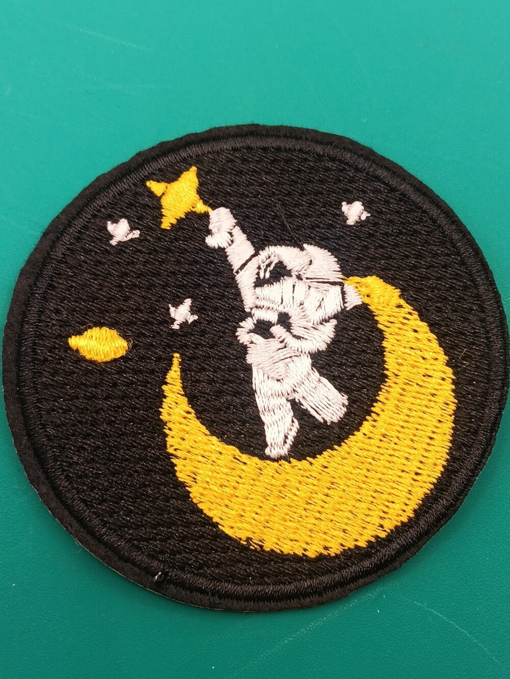 Astronaut Moon Embroidered Oron On Patch Black Yellow Space Stars Applique